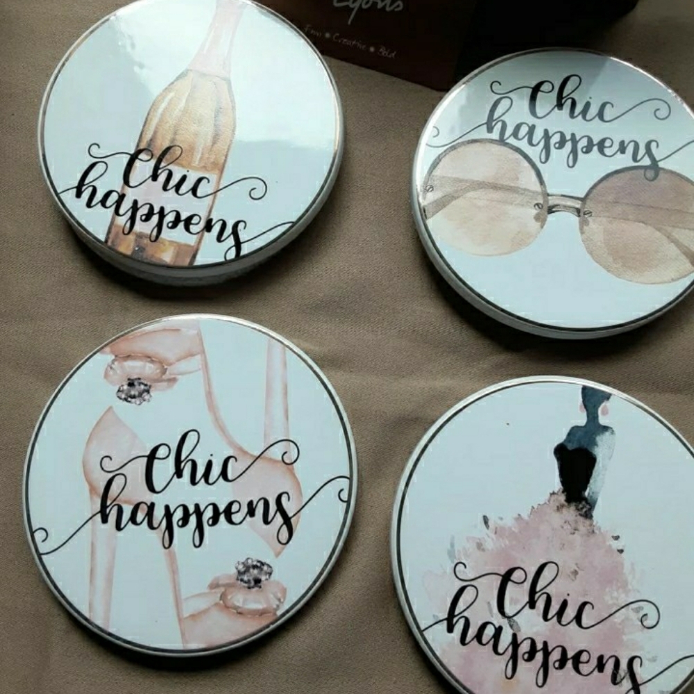 Erica Lyons "Chic Happens" Ceramic Coaster‎ Set of 4 NEW